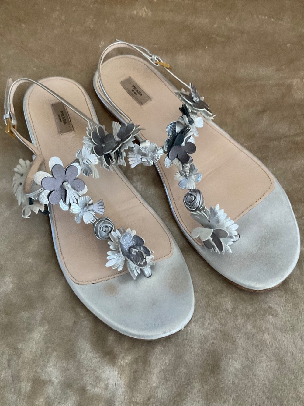 Prada Silver Leather Thong Sandals with Floral Embellishments size 41